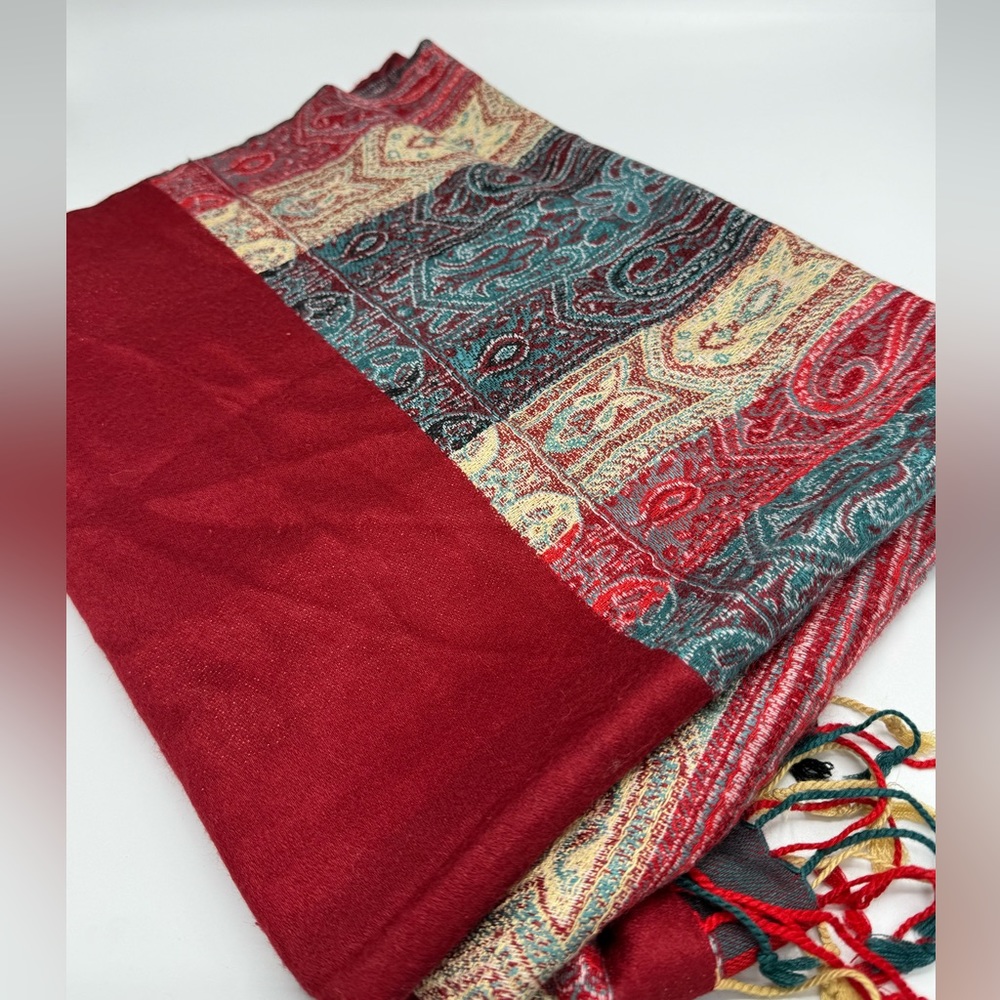 Cashmere and silk pashmina in rich red, cream and teal woven pattern